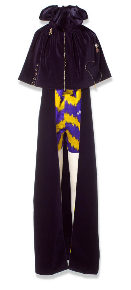 cotton velvet cape and gown with jewelry appliqué over silk batik shorts 2009 — sabine steinmair